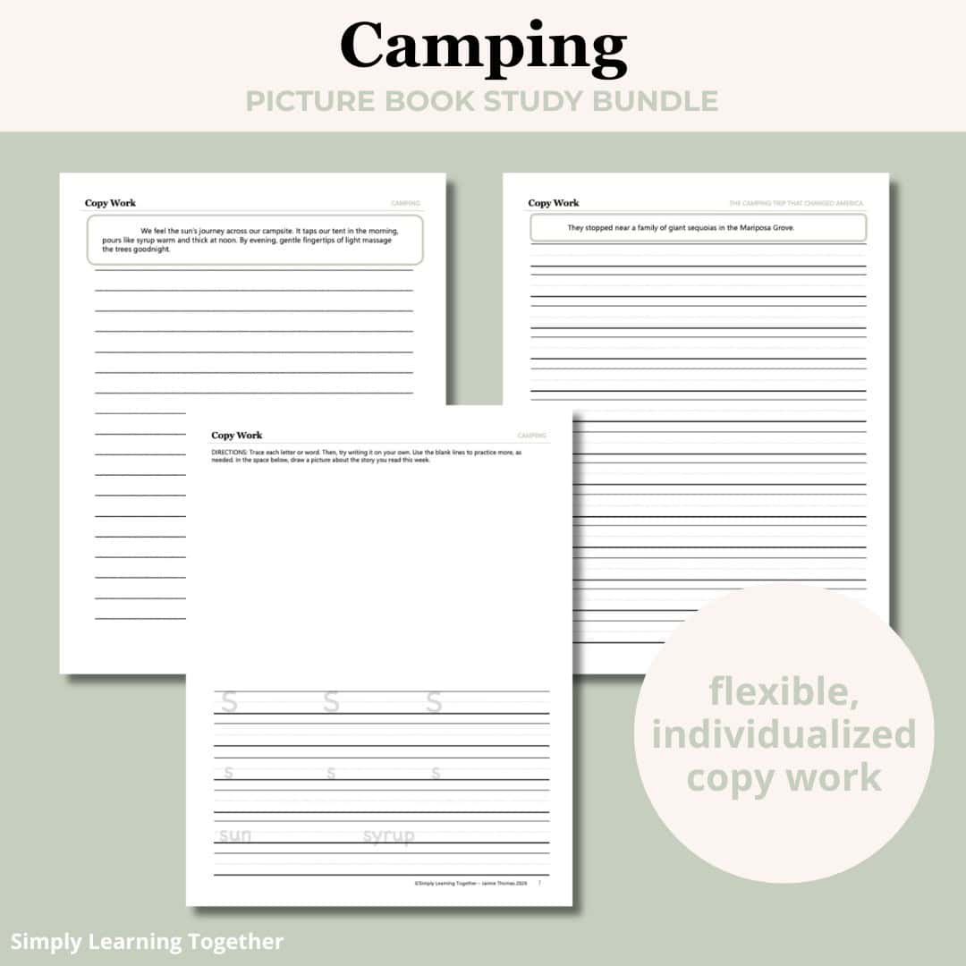 Camping Picture Book Study Bundle 3 preview of copy work options