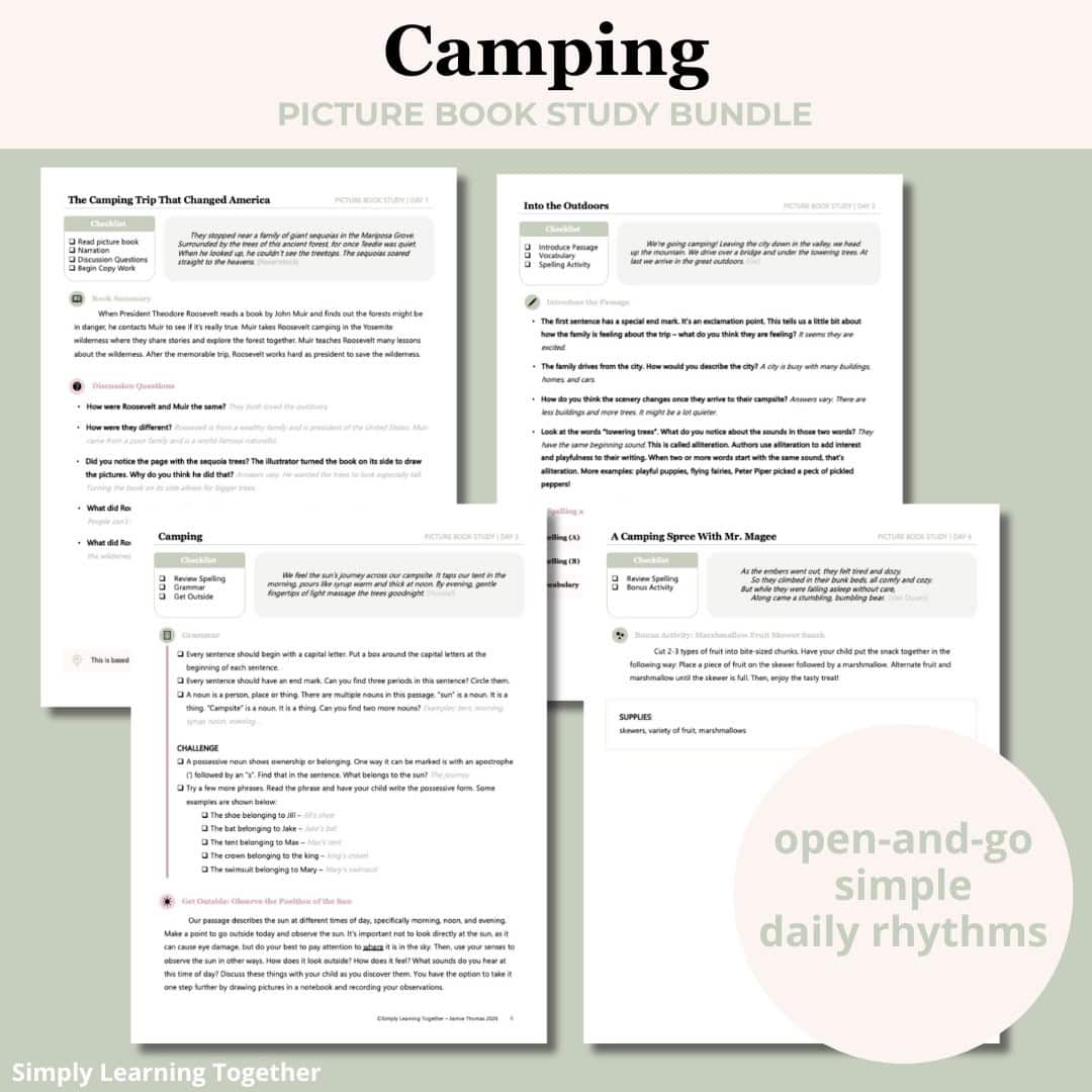 Camping Picture Book Study Bundle 2 daily schedule examples