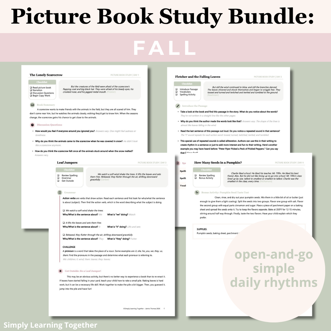 Fall Picture Book Study Bundle 2 preview image for each day of the week in a bundle