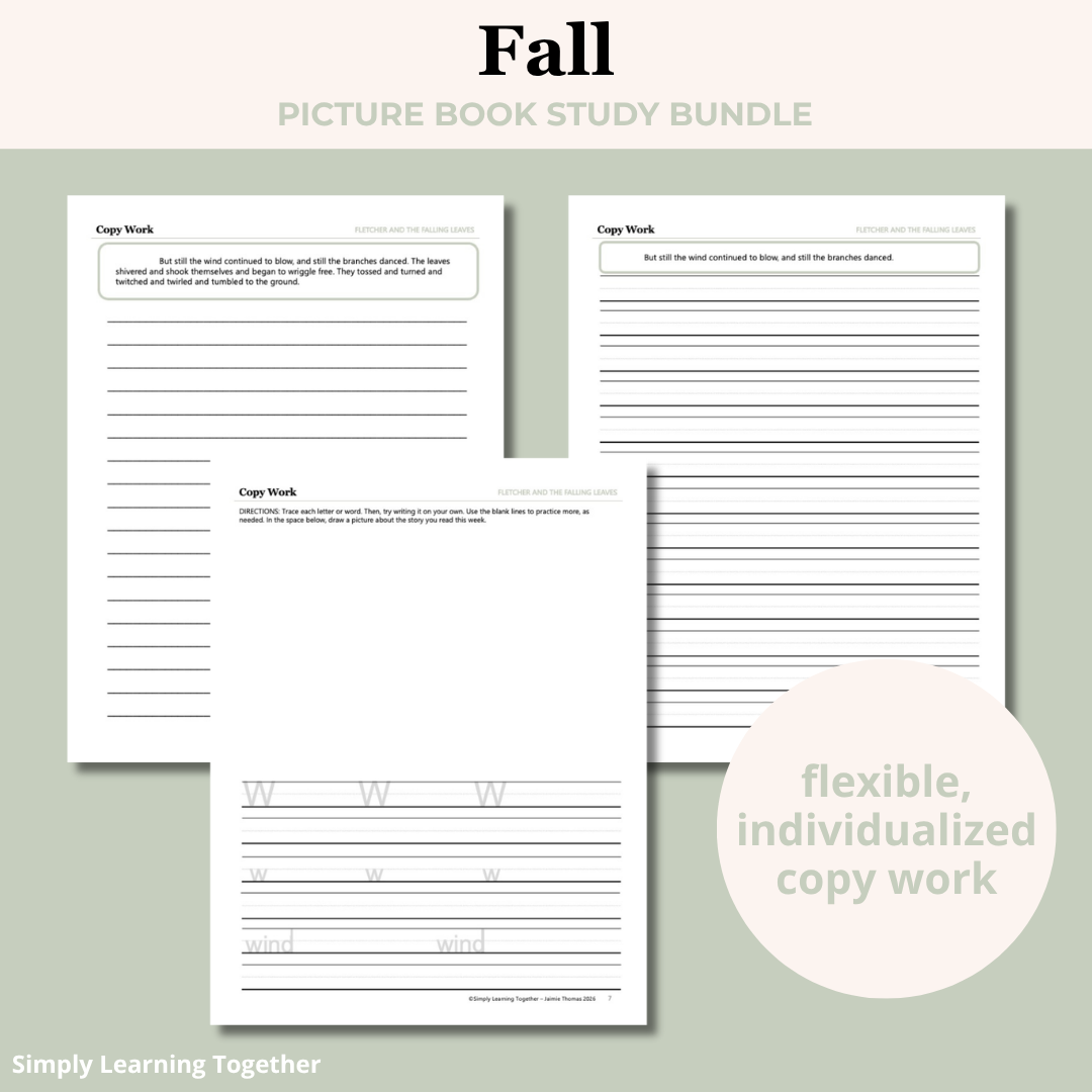 Fall Picture Book Study Bundle 3 fall picture book copy work pages