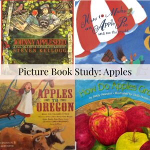 A colorful collage of children's apple-themed books and illustrations for learning and reading.