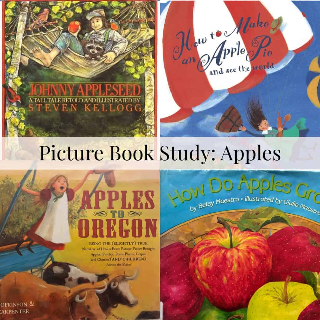 Apples | Picture Book Study 1 A colorful collage of children's apple-themed books and illustrations for learning and reading.