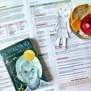 James and the Giant Peach | Novel Guide 7 A colorful educational scene featuring a children's book, a paper doll, and a worksheet for learning.