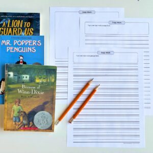 A collection of children's books and copy work sheets with pencils for homeschooling or classroom le.