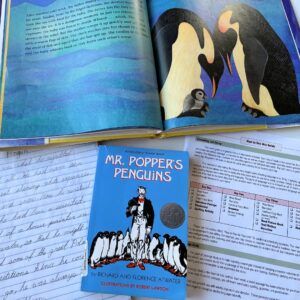 James and the Giant Peach | Novel Guide 8 A colorful children's book illustration featuring penguins and a penguin chick, promoting early lear.