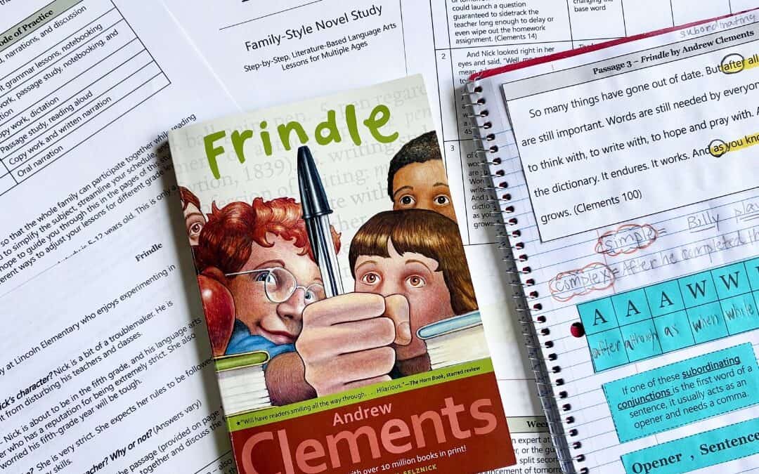A colorful children's book cover titled "Frindle" by Andrew Clements, with educational papers and no.