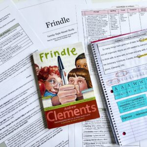 Literature-Based Homeschool Resources 33 A colorful children's book cover titled "Frindle" by Andrew Clements, with educational papers and no.