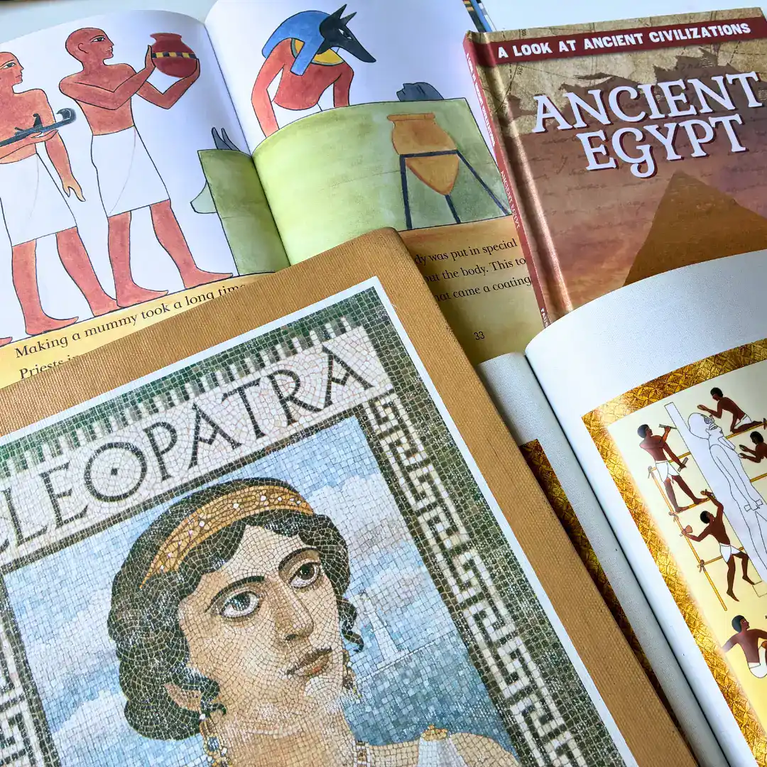 Teaching Ancient History Through Picture Books Ancient Egypt mosaic artwork with hieroglyphs and historical illustrations.
